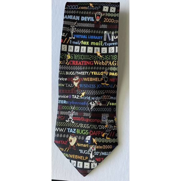 Vintage 1999 90s Warner Bros silk Looney Tunes Internet tie Bugs Bunny Taz Daffy - Picture 1 of 10
